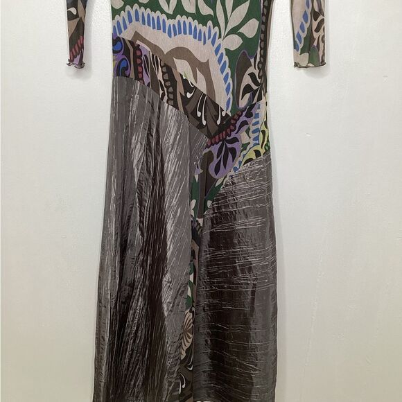 Viviana Gabeiras Long Sleeve Mesh Print Multicolor Silver Crinkle Maxi Dress XL - Picture 6 of 11